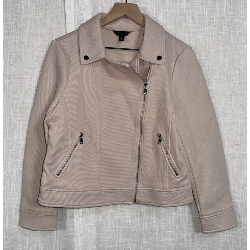 Ann Taylor Cream Blush Moto Jacket Coat  Women's Size 12 Petite M Textured Thick